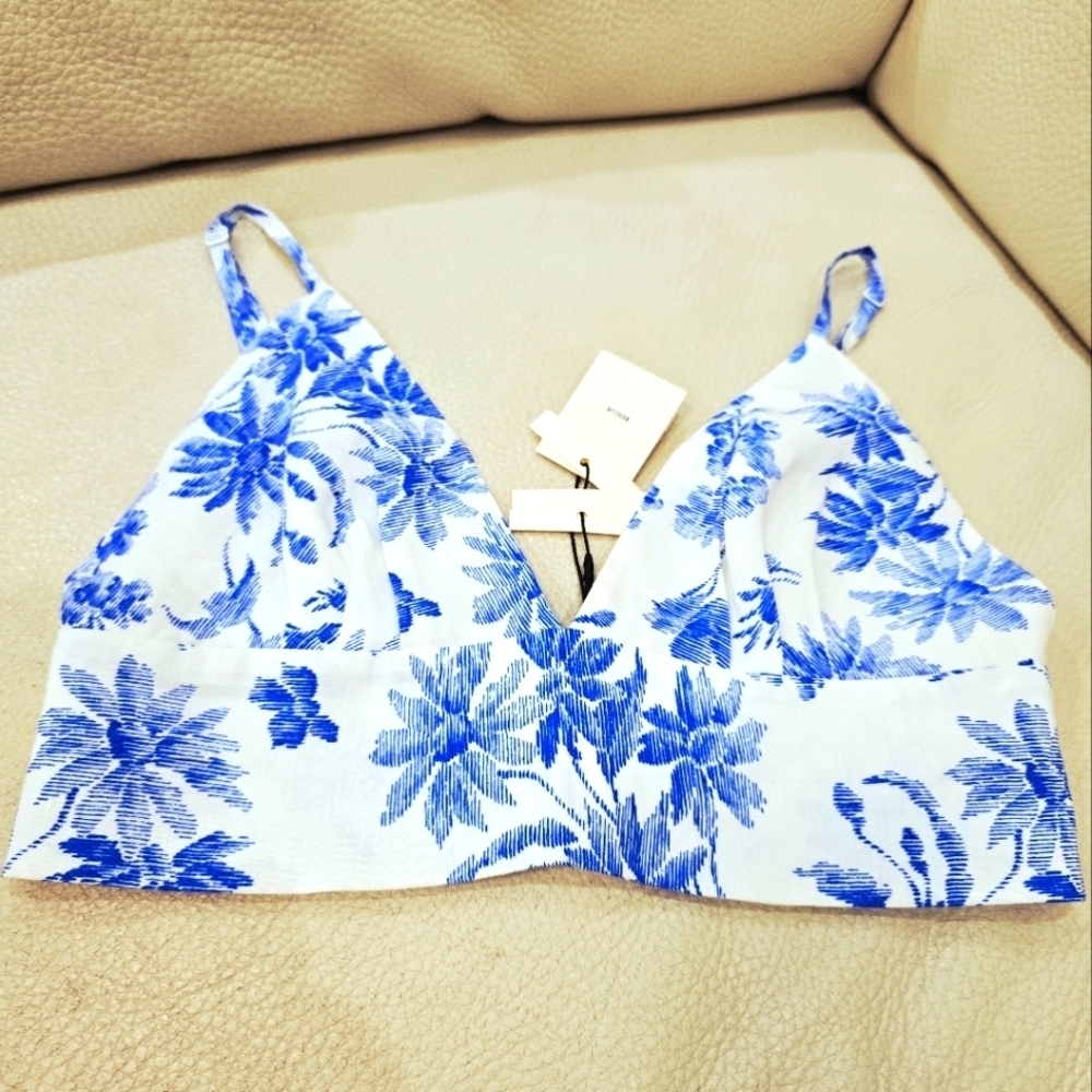 SANDRO Floral Blue WHITE CROP Bralette Top LINEN VISCOSE lined Size 1 S - Picture 2 of 15